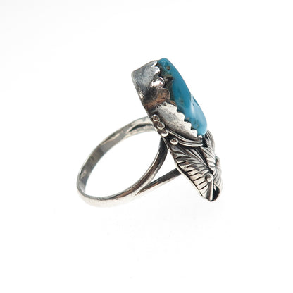 Old Pawn 925 Sterling Vintage Turquoise Flower Blossom Oxidized Ring Size 9.75