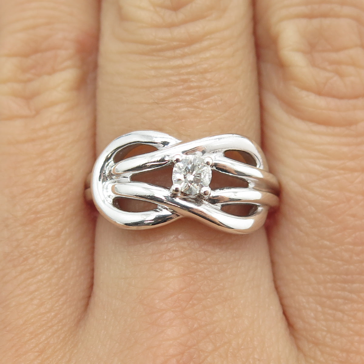 925 Sterling Silver Real Round-Cut Diamond Love Knot Ring Size 7.25