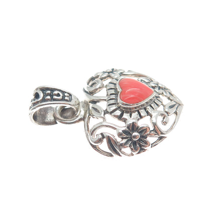 925 Sterling Silver Vintage Real Rhodonite Gemstone Flower Heart Pendant