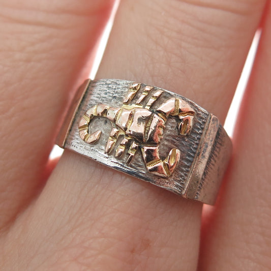 18K Rose Gold 925 Sterling Silver Vintage Scorpio Zodiac Oxidized Ring Size 8.25