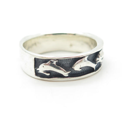 925 Sterling Silver Vintage Friendly Dolphin Band Ring Size 8