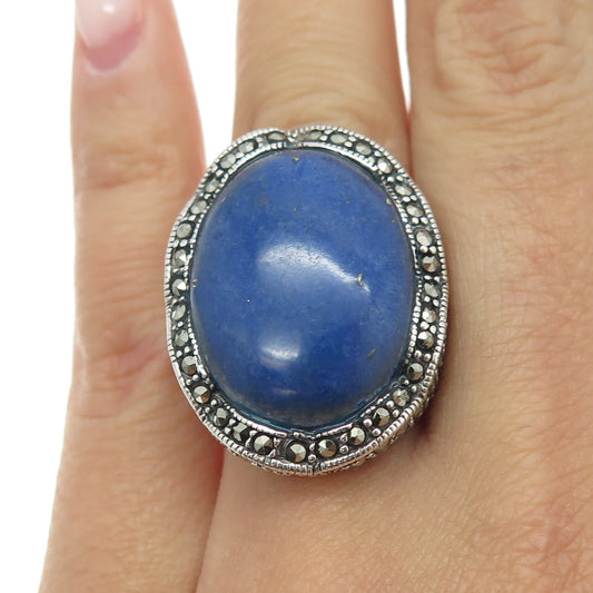 925 Sterling Silver Vintage Lapis & Marcasite Ring Size 7 (missing two stones)