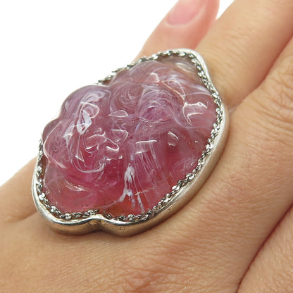 925 Sterling Silver Vintage Rose Glass Modernist Statement Ring Size 6.5