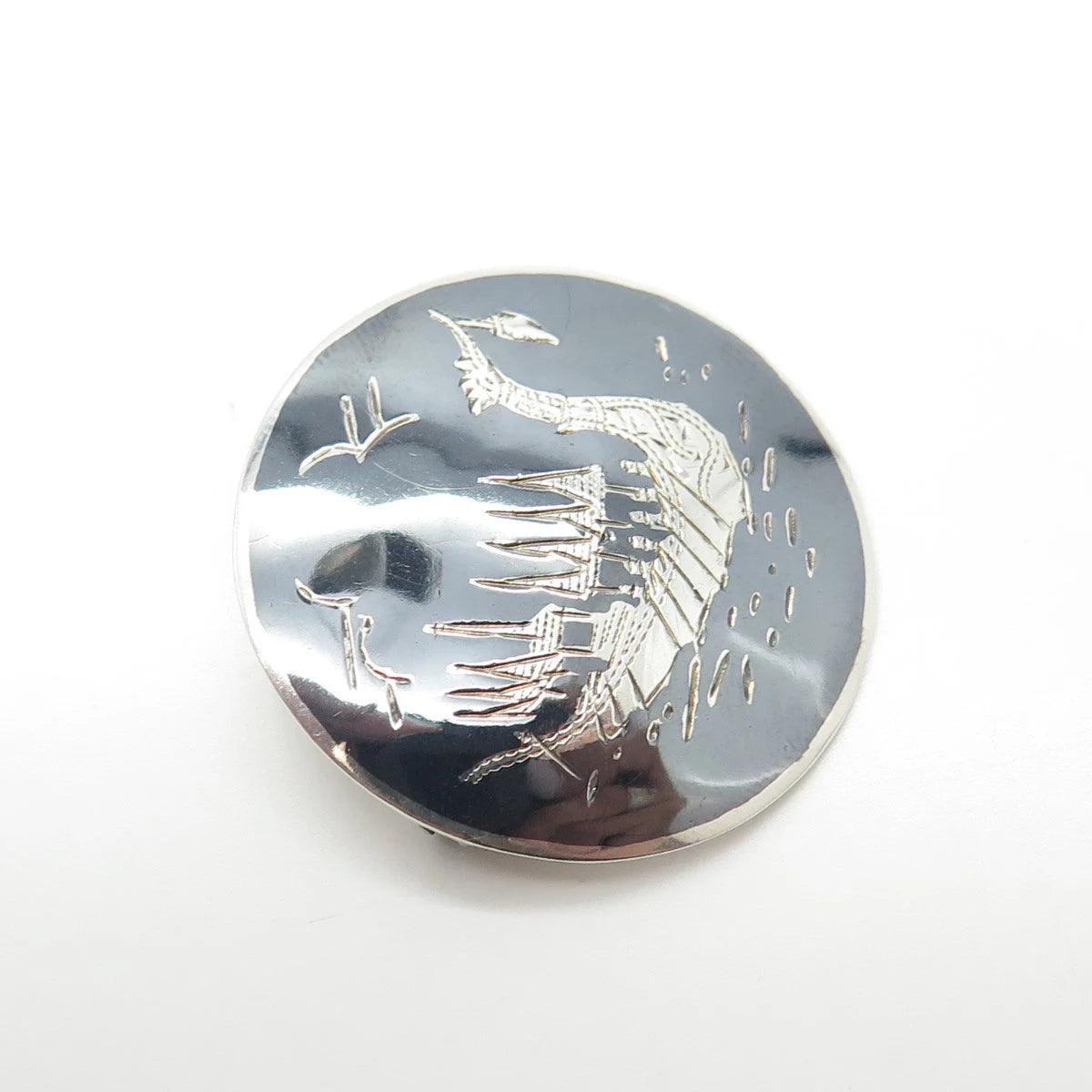 925 Sterling Silver Vintage Siam Niello Boat / Ship Round Pin Brooch
