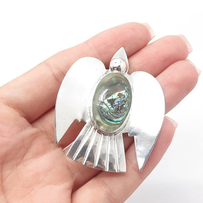 925 Sterling Silver Vintage Mexico Real Cabochon Abalone Shell Bird Pin Brooch