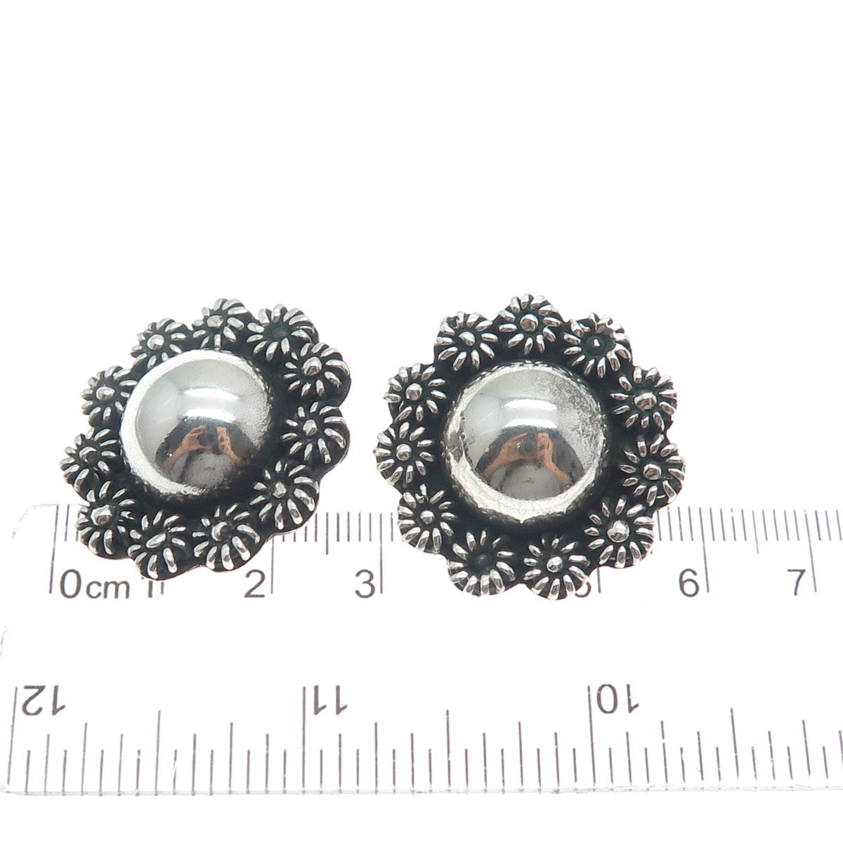 925 Sterling Silver Vintage Mexico Cannetille Floral Oxidized Clip On Earrings