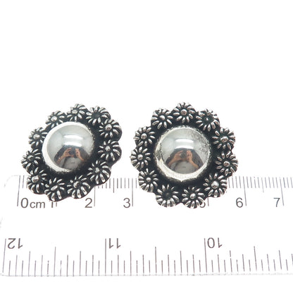 925 Sterling Silver Vintage Mexico Cannetille Floral Oxidized Clip On Earrings