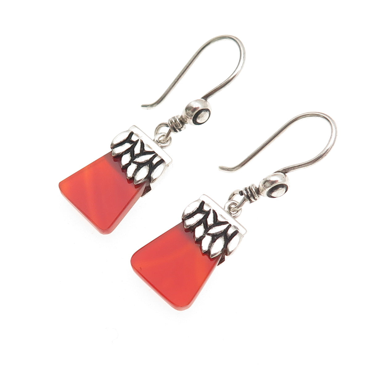 925 Sterling Silver Vintage Real Carnelian Modernist Floral Dangle Earrings