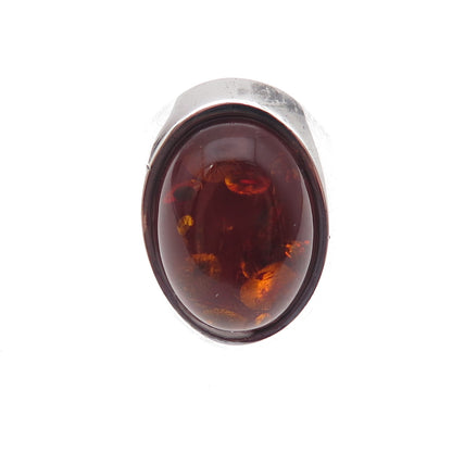 925 Sterling Silver Vintage Real Amber Modernist Oxidized Ring Size 9.25