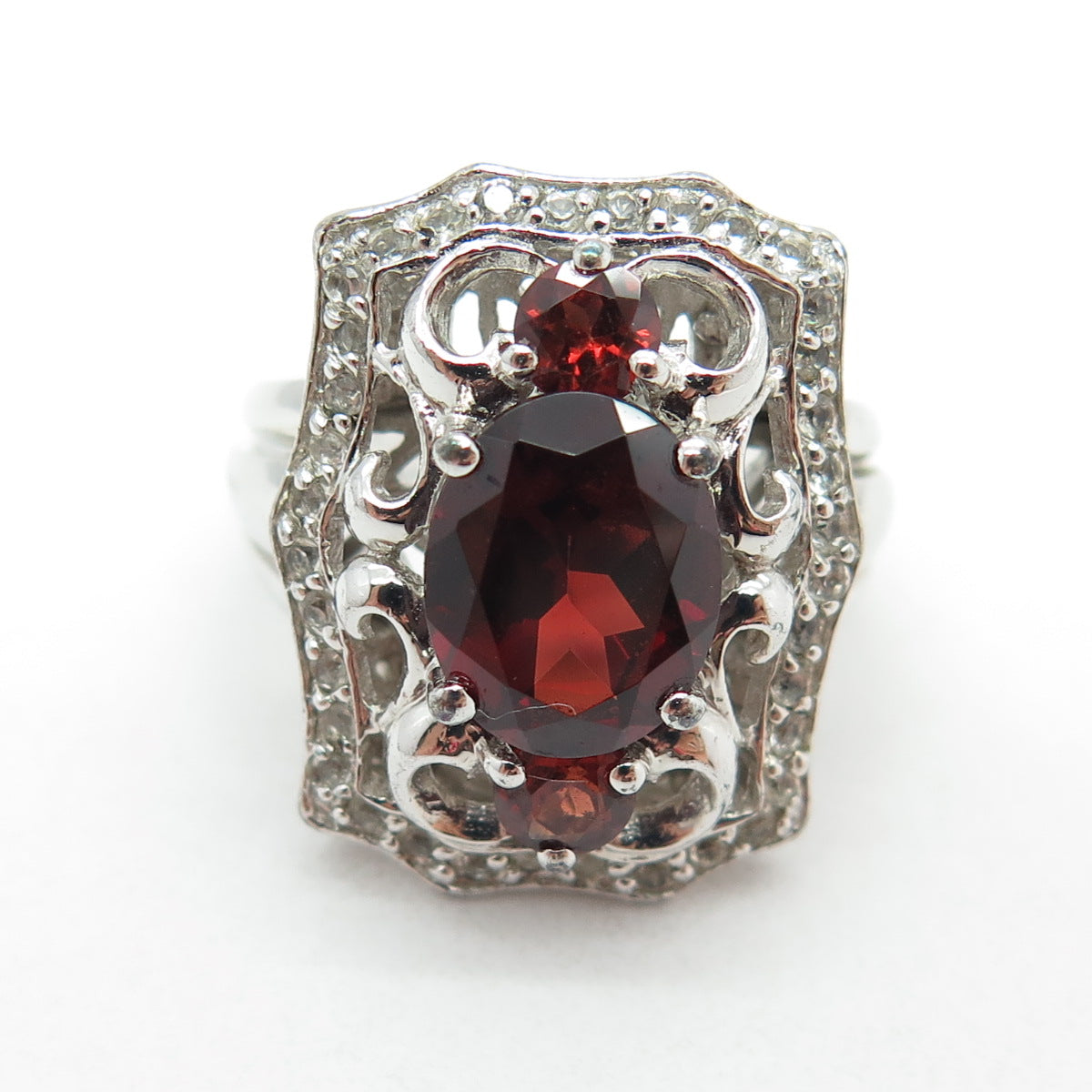 925 Sterling Silver Real White Topaz & Red Garnet Gemstone Ornate Ring Size 6.25