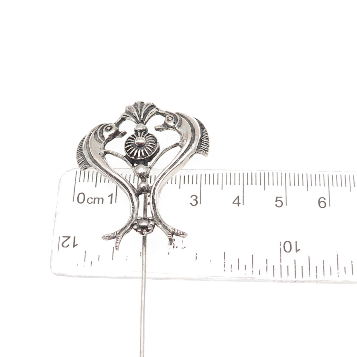 925 Sterling Silver Vintage Dolphin Heart Oxidized Lapel Pin