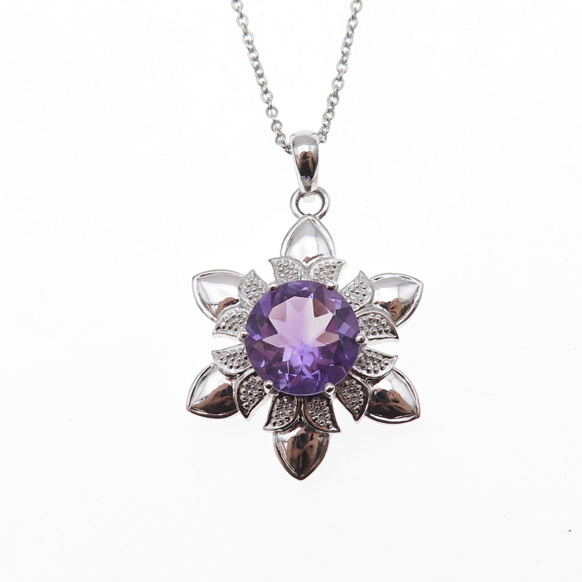 925 Sterling Silver Mexico Real Amethyst Flower Cable Chain Necklace 18"