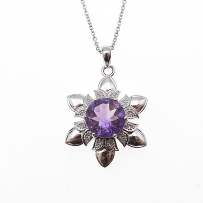 925 Sterling Silver Mexico Real Amethyst Flower Cable Chain Necklace 18"