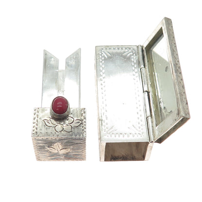 800 Silver Antique Art Deco Italy Real Coral Engraved Tube Slide Lipstick Case