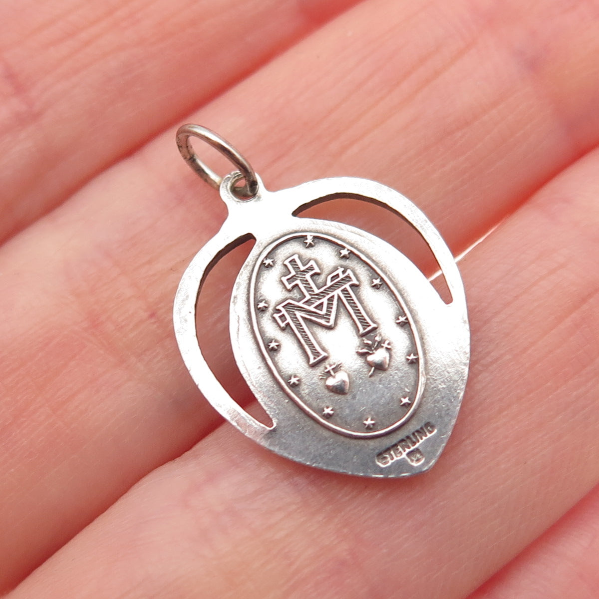 925 Sterling Silver Antique Art Deco St. Mary Heart Oxidized Mini Charm Pendant