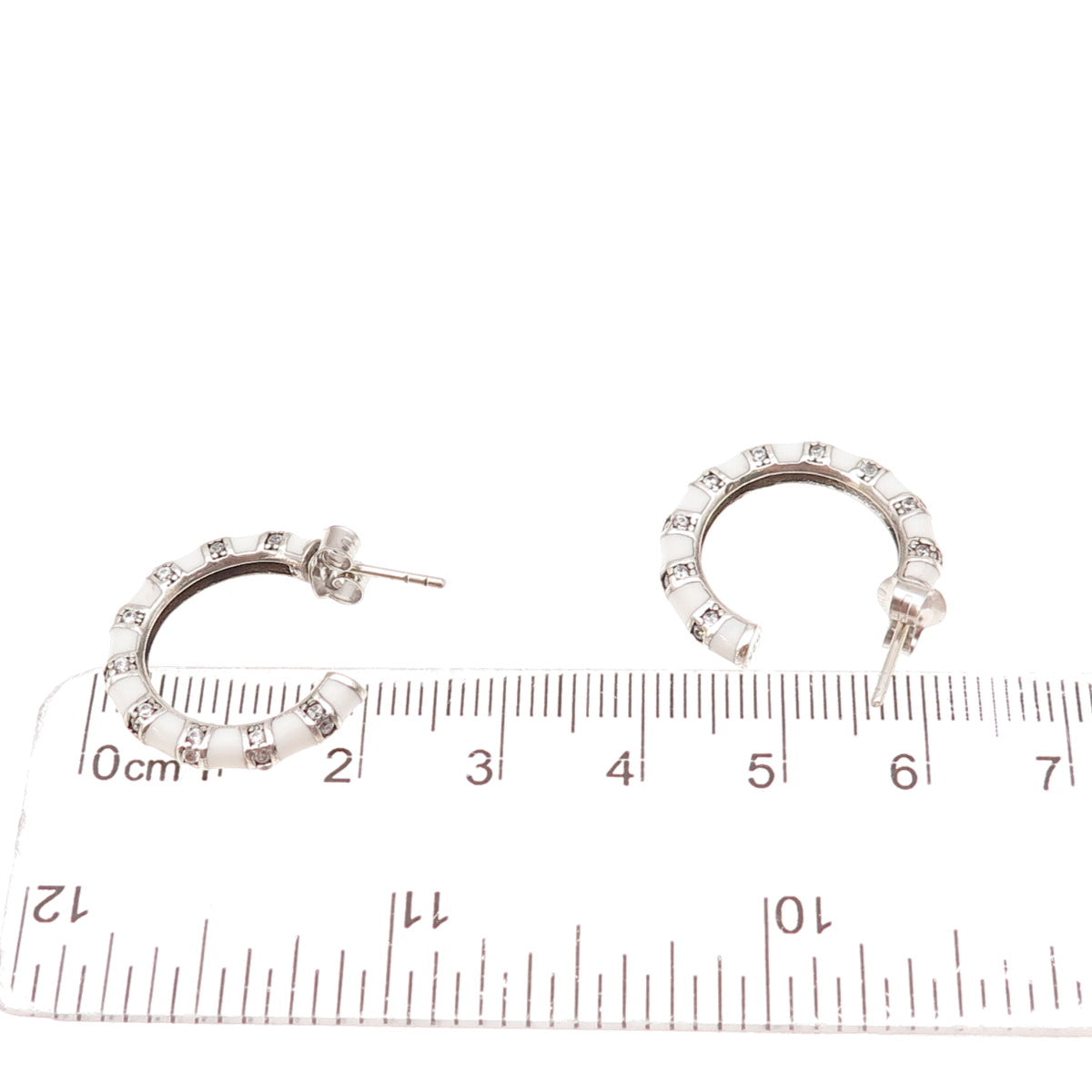925 Sterling Silver Enamel & C Z Bamboo Hoop Earrings