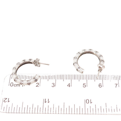 925 Sterling Silver Enamel & C Z Bamboo Hoop Earrings