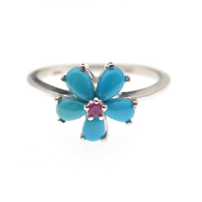 Chuck Clemency 925 Sterling Silver Real Turquoise & Ruby Floral Ring Size 8.25