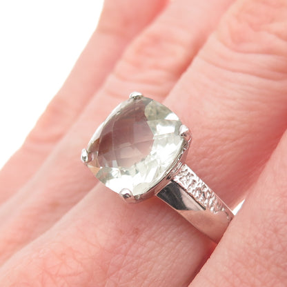 925 Sterling Silver Real Cushion-Cut Green Amethyst Modernist Ring Size 8.25