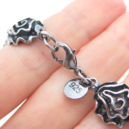 925 Sterling Silver Vintage Modernist Oxidized Flower Link Bracelet 7"