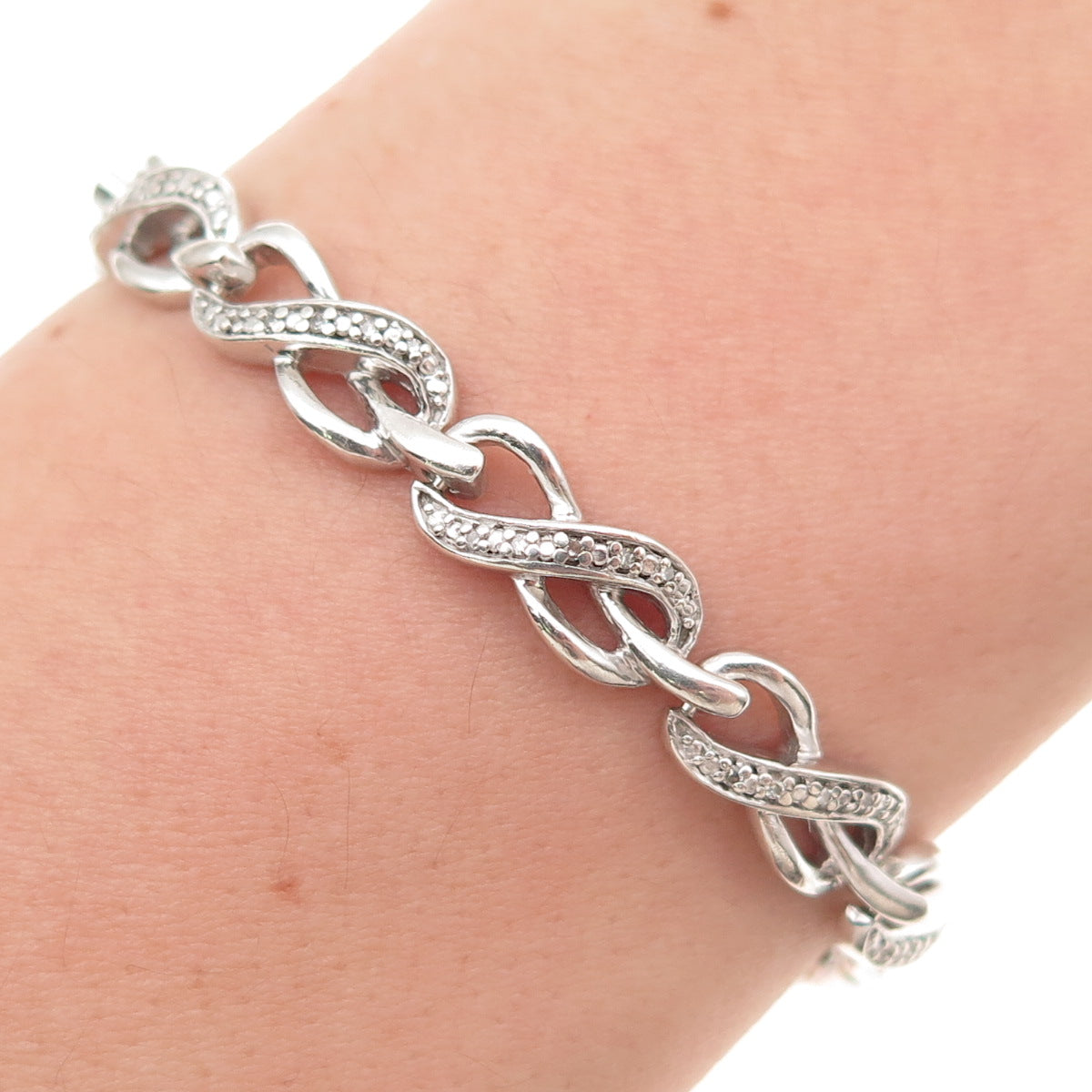 925 Sterling Silver Real Round-Cut Diamond Infinity Link Bracelet 7.25"