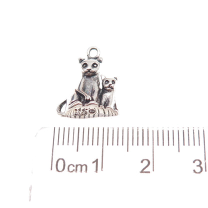 Jezlaine 925 Sterling Silver Vintage Mom & Child Cat Oxidized 3D Charm Pendant