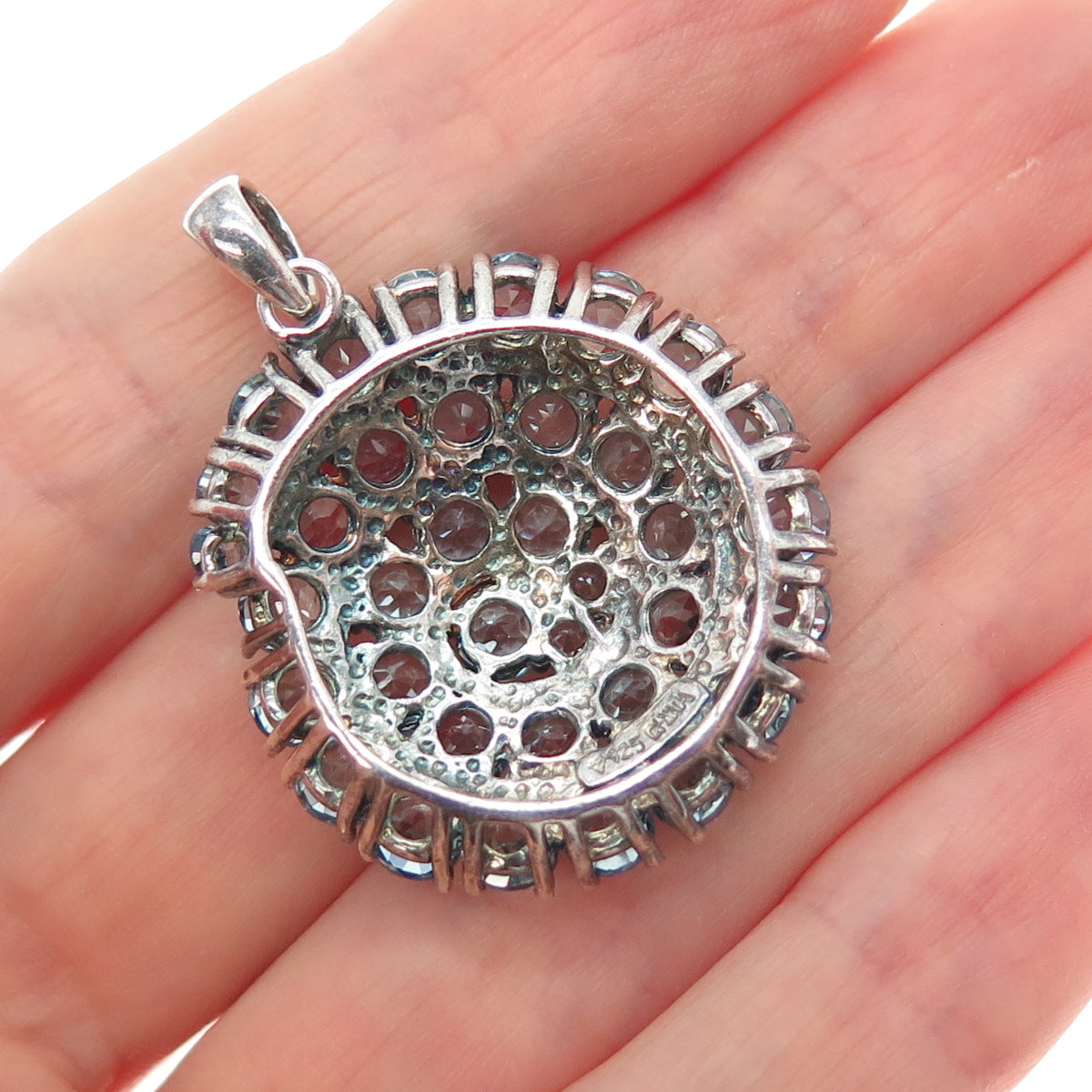 925 Sterling Silver Vintage Real Round-Cut Blue Topaz Spiral Charm Pendant