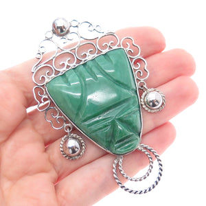 925 Sterling Silver Vintage Mexico Real Jade Aztec God Oxidized Pin Brooch