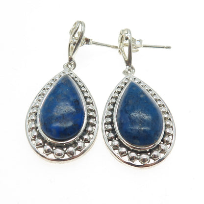 925 Sterling Silver Vintage Real Lapis Lazuli Gemstone Beaded Dangling Earrings