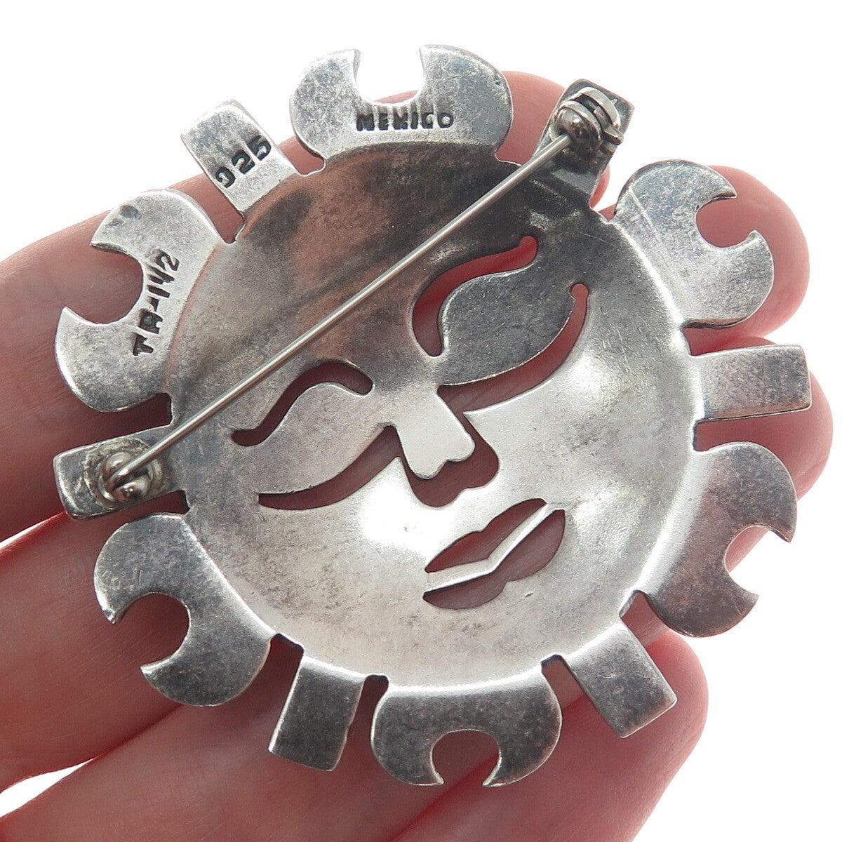 925 Sterling Silver Vintage Mexico Sun Face Oxidized Pin Brooch