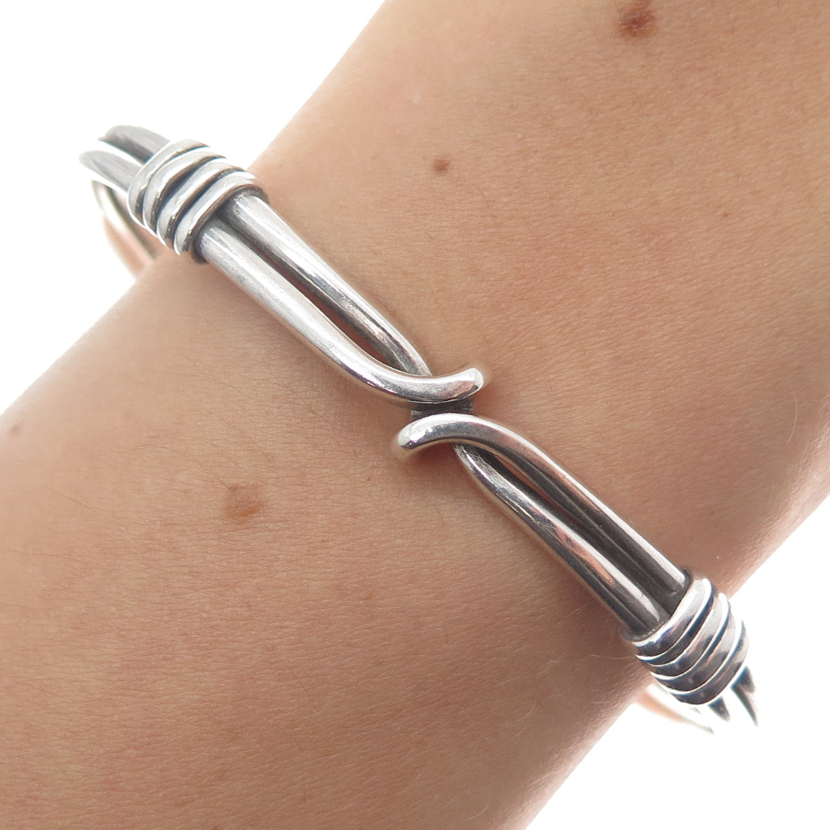 925 Sterling Silver Vintage Mexico Love Touch Adjustable Cuff Bracelet 5.75"