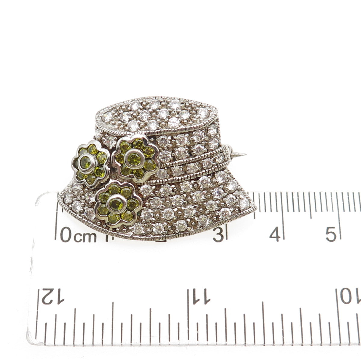 925 Sterling Silver Vintage Round-Cut Green & White C Z Summer Hat Pin Brooch