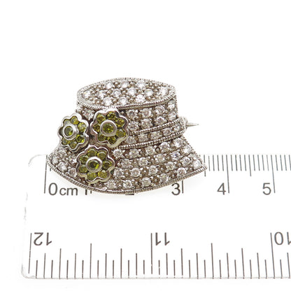 925 Sterling Silver Vintage Round-Cut Green & White C Z Summer Hat Pin Brooch