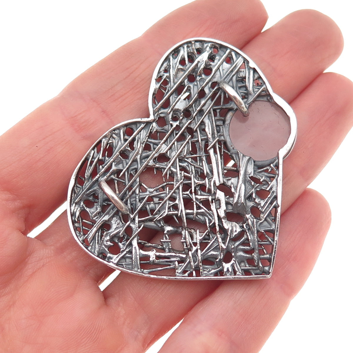925 Sterling Vintage Real Rose Quartz Modernist Heart Oxidized Slide Pendant