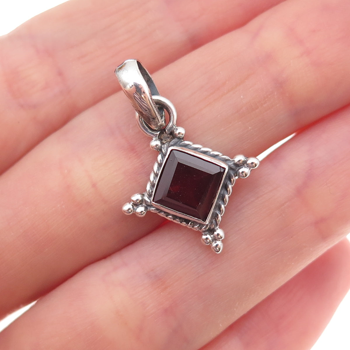 925 Sterling Silver Vintage Real Red Garnet Oxidized Charm Pendant