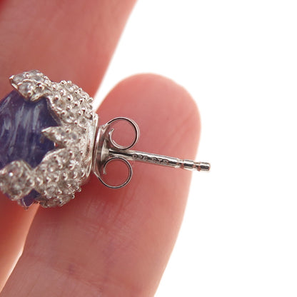 Chuck Clemency 925 Sterling Silver Real Tanzanite & Topaz Floral Stud Earrings
