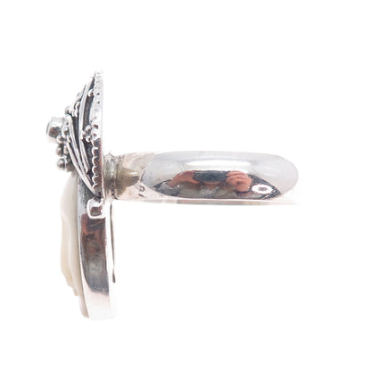 925 Sterling Silver Vintage Real MOP & Red Garnet Carved Goddess Ring Size 14
