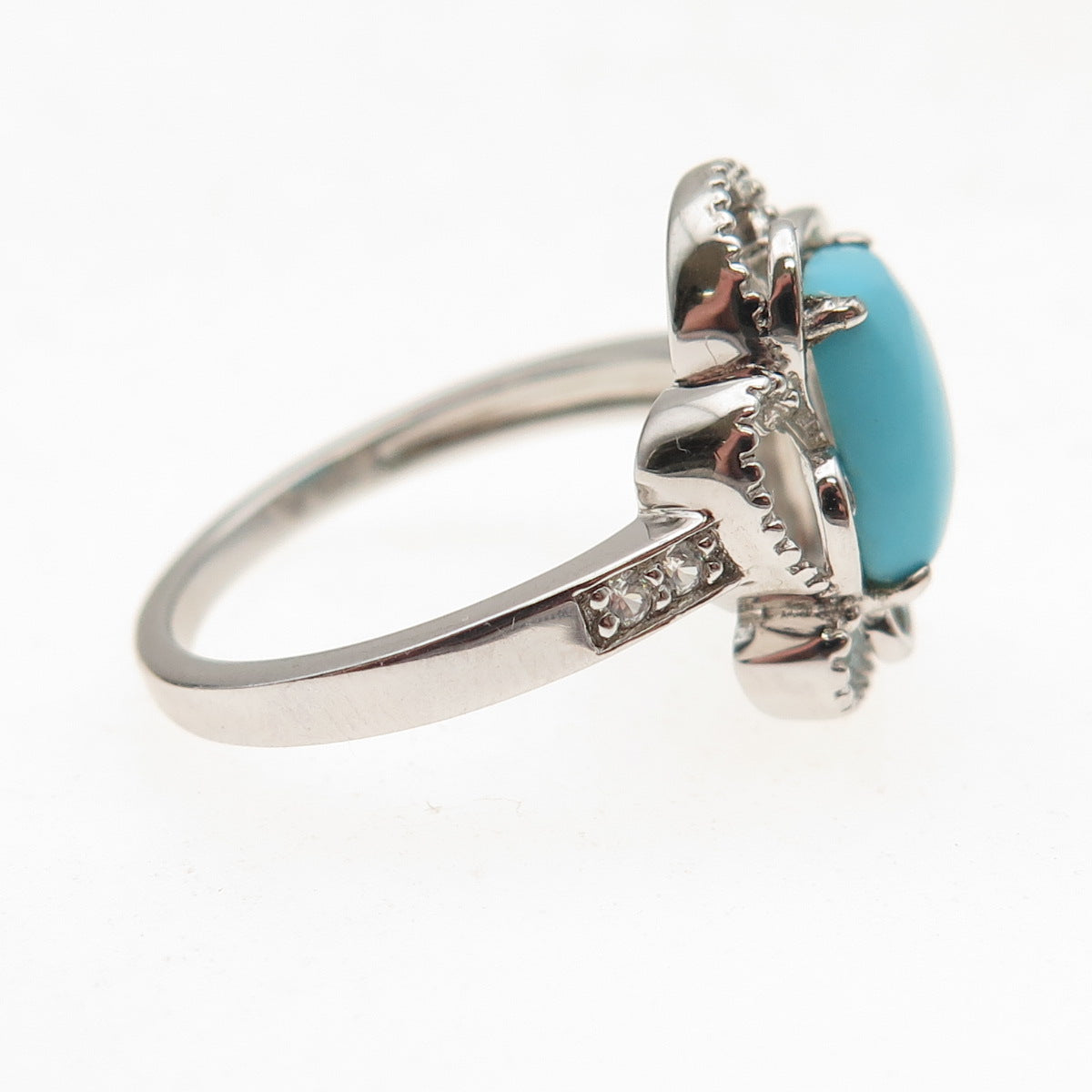 925 Sterling Silver Real Turquoise & White Topaz Floral Ring Size 8