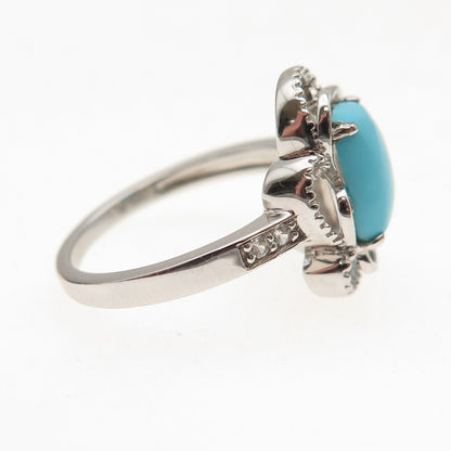 925 Sterling Silver Real Turquoise & White Topaz Floral Ring Size 8