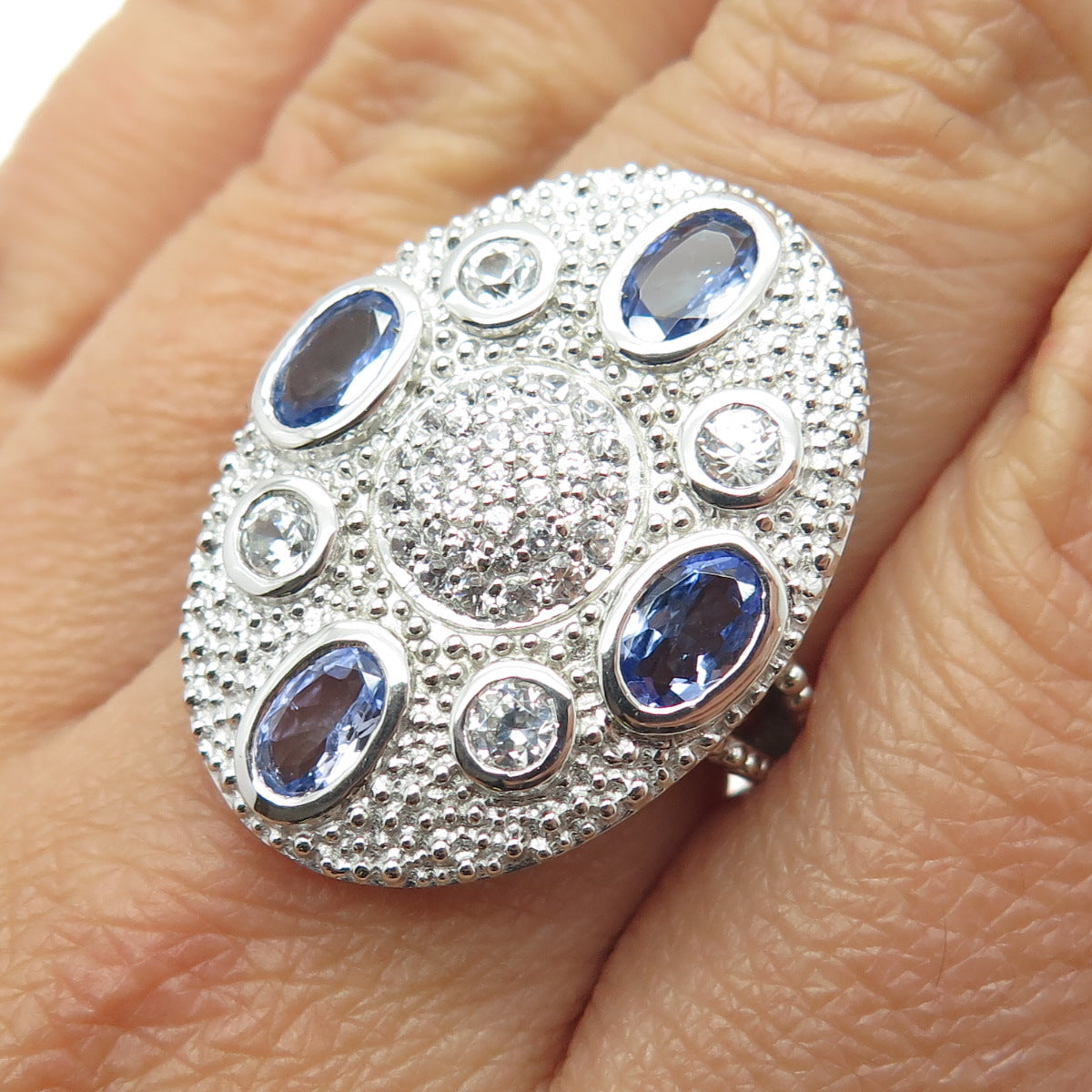 DSMK 925 Sterling Silver White Topaz & Tanzanite Gem Statement Ring Size 7.25