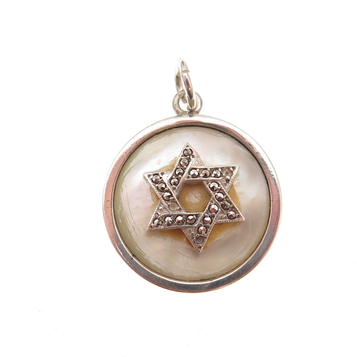 925 Sterling Antique Real MOP Marcasite Star of David Pendant (missing 3 stones)