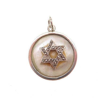925 Sterling Antique Real MOP Marcasite Star of David Pendant (missing 3 stones)
