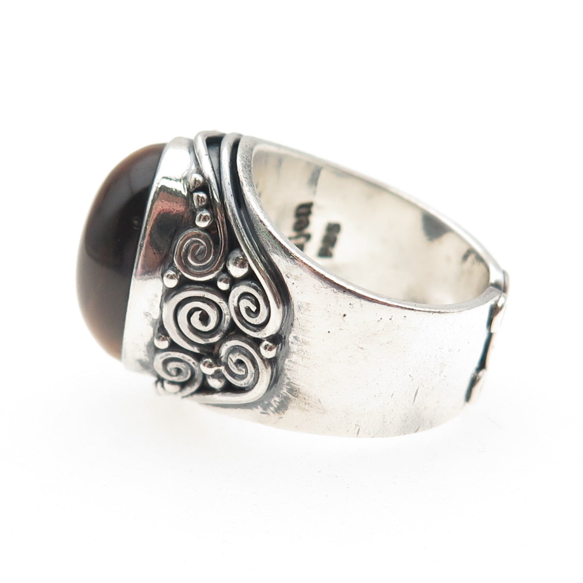 SAJEN 925 Sterling Silver Vintage Real Tiger Eye Swirl Adjustable Ring Size 8.75