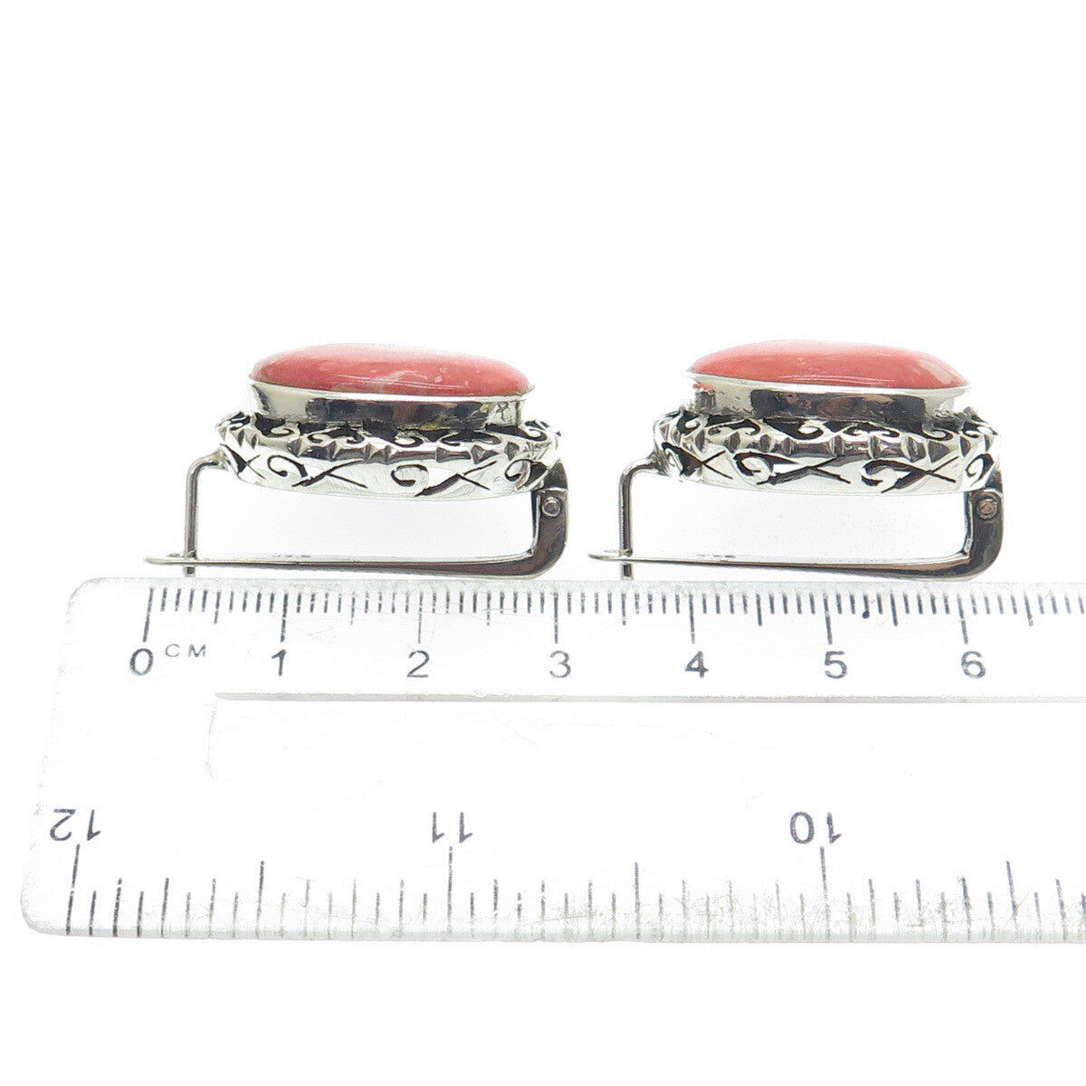 925 Sterling Silver Vintage Real Rhodochrosite Gem Ornate Frame Earrings