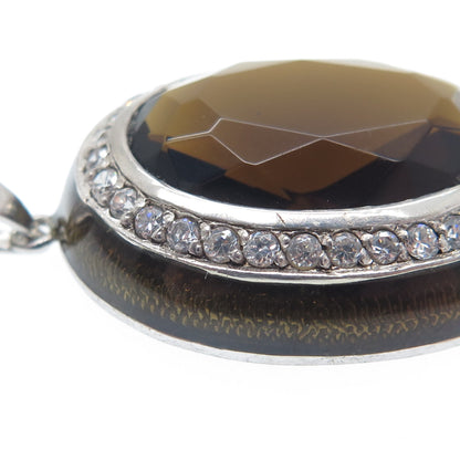 925 Sterling Silver Enamel Real Smoky Quartz & C Z Charm Pendant