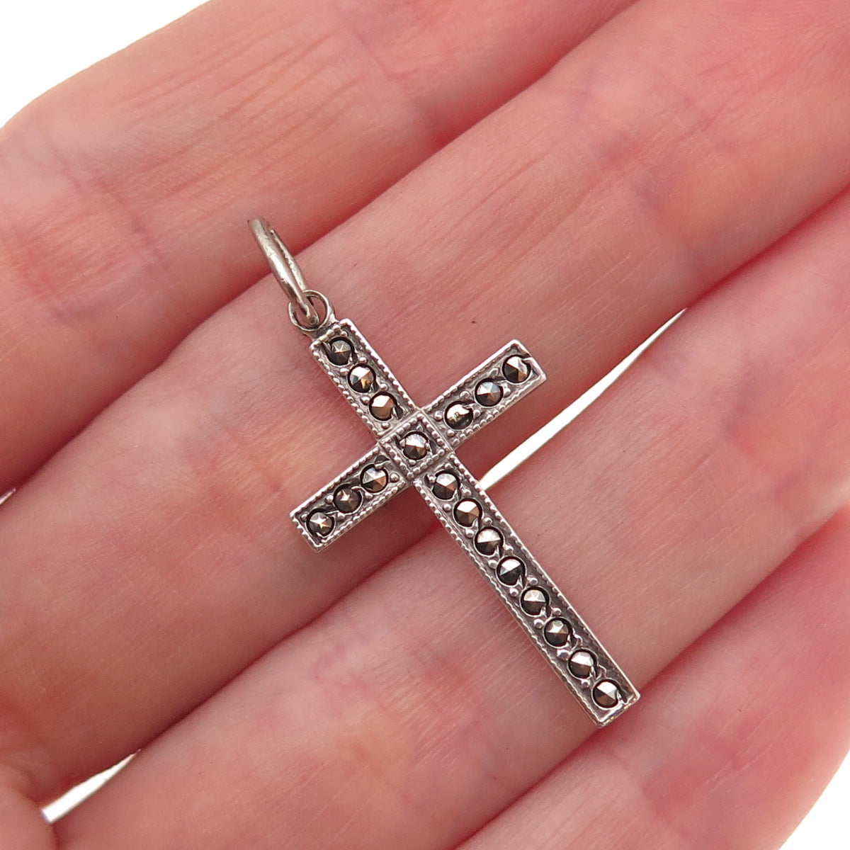 Theda 925 Sterling Silver Antique Art Deco Real Marcasite Cross Charm Pendant