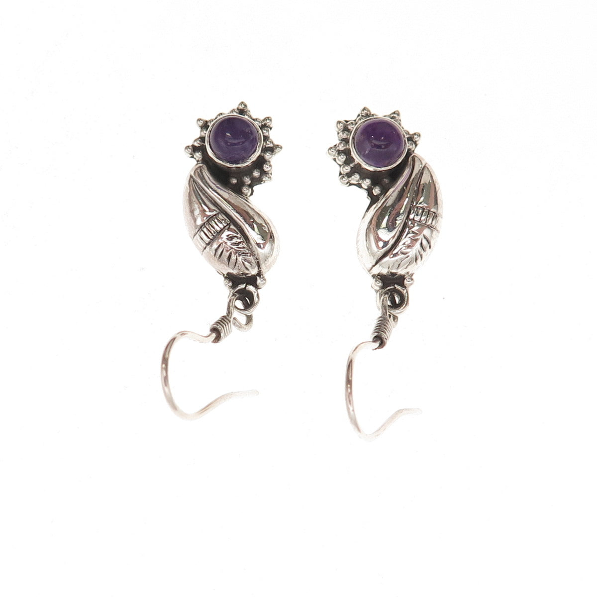 925 Sterling Silver Vintage Real Amethyst Modernist Floral Dangle Earrings
