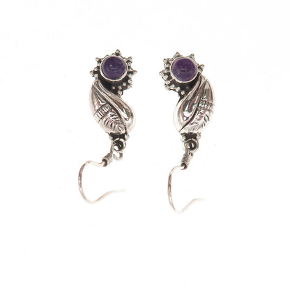 925 Sterling Silver Vintage Real Amethyst Modernist Floral Dangle Earrings