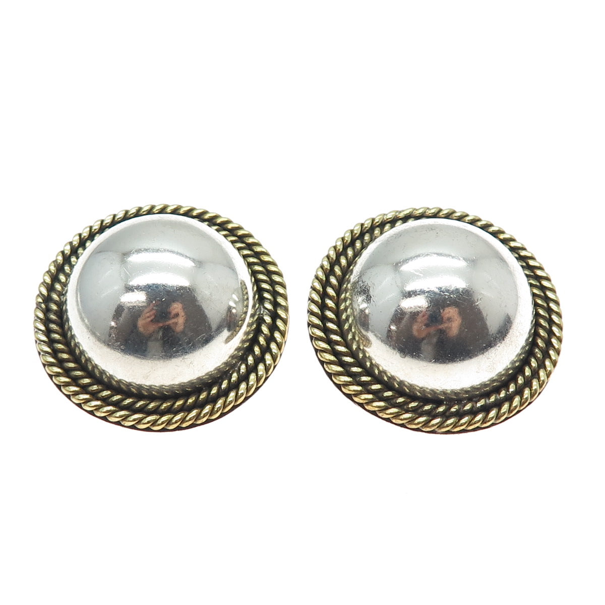 925 Sterling Silver 2-Tone Vintage Mexico Modernist Dome Clip On Earrings