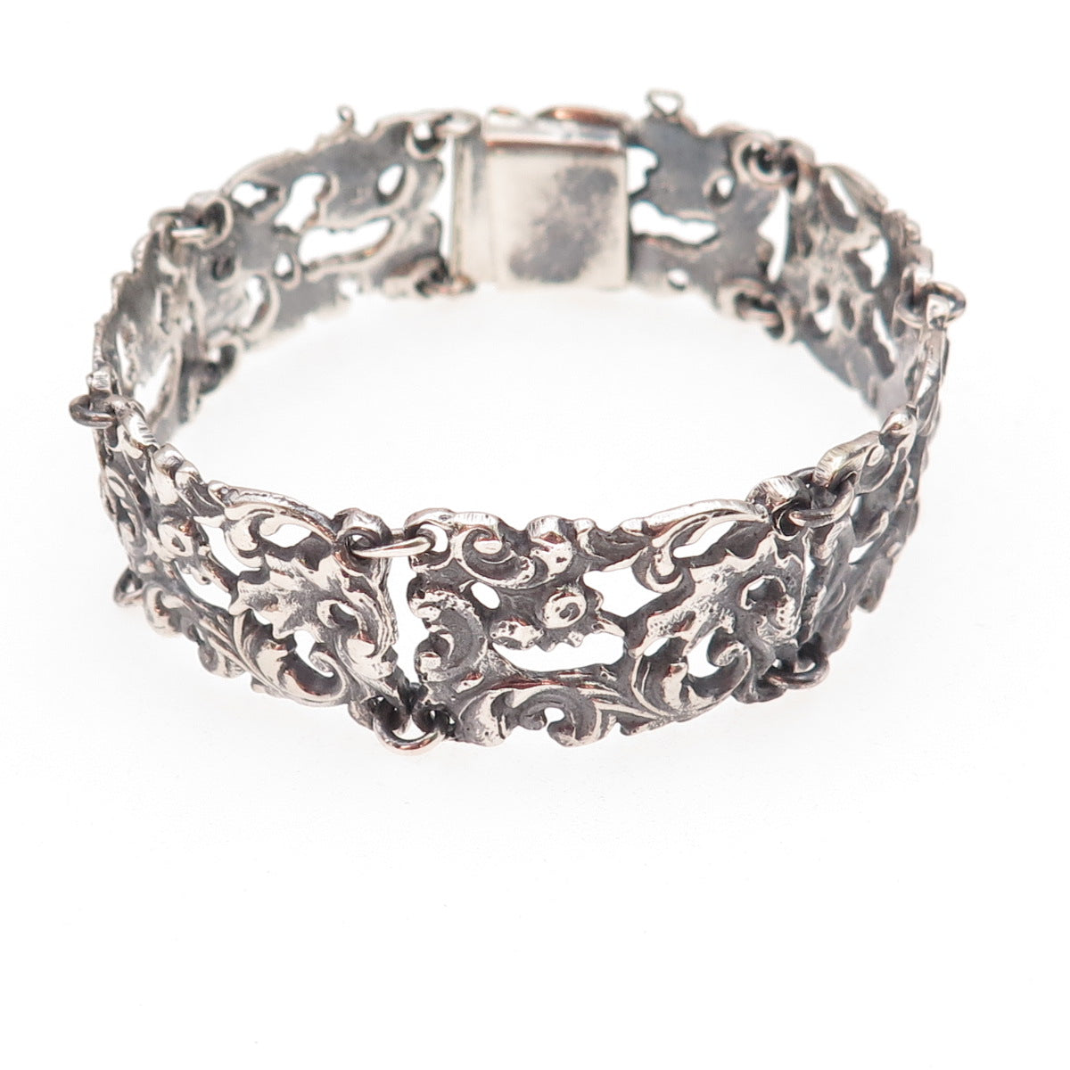 800 Silver Antique Art Deco Floral Panel Link Oxidized Bracelet 7"